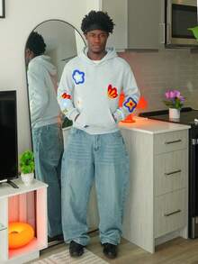 Harrin Don Harrin Don 男士休闲花卉刺绣连帽卫衣，秋冬季花卉图案连帽衫，街头风Y2K连帽衫，男士泡泡印花连帽衫，长袖上衣 - 灰色 - 查看 1