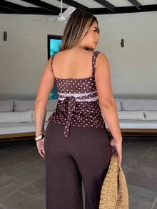Maria Perezxox 2025 Nueva Moda Otoño/Invierno Blusa de Verano para Mujer con Encaje Contrastante y Estampado de Lunares, Tirantes Anchos. Blusa de Verano, Navidad, Año Nuevo, Fiesta, Playa, Elegante y Casual para Vacaciones - Marrón - Ver 2