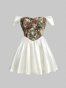 Sweetness Vestido corto vintage con hombros descubiertos y cintura ceñida con estampado floral primaveral y veraniego, vestido entallado y acampanado talla grande para cumpleaños - Albaricoque - Ver 6