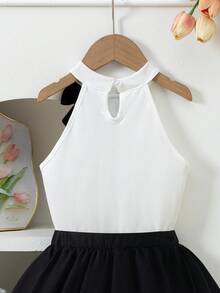 Elladie kids 女童两件套：无袖高领罗纹针织上衣 + 红色层叠荷叶边珍珠蝴蝶结装饰裙，公主风，夏季 - 白色 - 查看 6