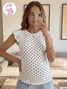 SHEIN Polka Dot Print Round Neck Fitted Casual T-Shirt For Pregnant Women, Summer - White - View 1