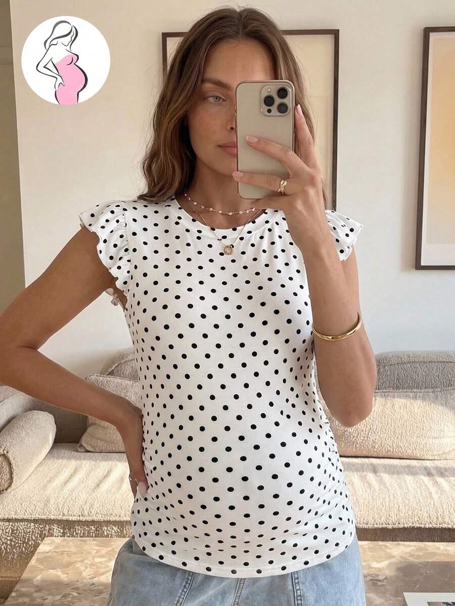 SHEIN Polka Dot Print Round Neck Fitted Casual T-Shirt For Pregnant Women, Summer - White - View 1