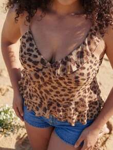 Dazy Plus Leopard Print Sexy Ruffle Hem Asymmetrical Hem Vacation Style Plus Size Women Spring/Summer Camisole And Tank Top - Brown - View 13