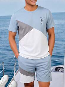 Teen Boy Casual Patchwork Color-Blocking Short Sleeve T-Shirt And Shorts Set, School, Campus, College - Blue - View 3