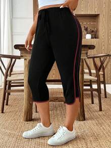 SHEIN CURVE+ Quần ống rộng kẻ sọc dáng thanh lịch, thường ngày, kiểu dáng thể thao, thắt nơ dành cho nữ cỡ lớn. - Màu Đỏ Sâu - Xem 3