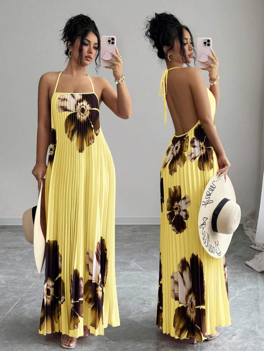 SHEIN Elenzya Đầm maxi xếp ly dáng rộng in họa tiết dành cho nữ, kiểu dáng thanh lịch, thoải mái, thích hợp cho kỳ nghỉ hoặc đi làm, mùa xuân/hè. - Vàng nhạt - Xem 1