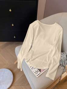 Camiseta de manga larga con cuello de pico casual y decoración de botones de unicolor para mujer - Multicolor 2 - Ver 2