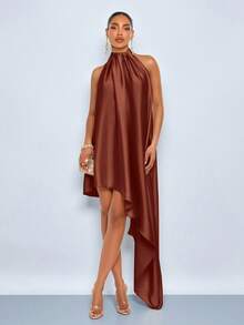SOLERSUN Spring/Summer Women's Elegant Party/Wedding Glossy Fabric Sleeveless Asymmetrical Dress. - Brown - View 5