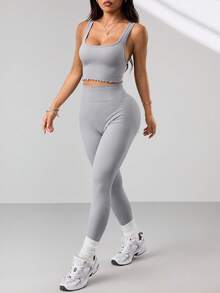 SHEIN Sports Women's Yoga Sports Top And Pants Set; Ribbed Floral Lace Trim Short Knit Tank Top; Comfortable Outer Wear Running Fitness Tank Top - Grey - View 3