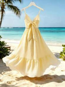 Selianne Women's Yellow Spaghetti Strap V-Neck Waist Gathered Ruffle Hem Dress, Gentle Style For Date And Outing, Minimalist Long Dress For Spring/Summer - Yellow - View 2