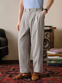 VeloEdit Gery Color Men's Casual Everyday Workwear Minimalist Solid Color Slant Pocket Pleated Long Pants Men Pants Dress High Waisted Pants Oversized Pants Pleated Suit Pants Grey Pants Old Money Daily Leisure, Boyfriend/Husband Gift, Father's Day For Father Summer - Light Grey - View 5