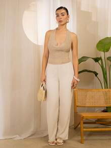 Andrea Bello 系带深V领派对风女士针织上衣，2026年新款，海滩度假风。度假、夏季假期、优雅、假日、度假。闪亮针织上衣。 - 卡其色 - 查看 5