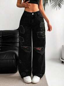 SHEIN EZwear Women Casual Distressed Wide Leg Denim Jeans - Black - View 3