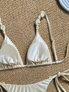 Swim Chiccia Bộ bikini nữ mùa hè 2026 mới, thanh lịch, đính hạt, màu trơn, chất liệu vải, dây mảnh, hở lưng, dây rút, cạp cao. - Màu be - Xem 6