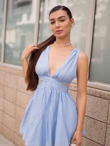 Andrea Bello Đầm ngắn voan trắng cổ chữ V hở lưng buộc dây, đầm trắng, đầm tốt nghiệp, đầm đi nghỉ mát, đầm dự tiệc xuân/hè. - Màu xanh nhạt - Xem 6