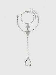 ROMWE Goth 2pcs/Set Fashionable Adjustable Religious Cross Pendant Bracelet With Virgin Mary Decor, Classic & Minimalist Jewelry For Women Daily Wear - Multicolor - View 1