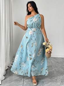 SHEIN Clasi Vestido longo plus size feminino com estampa floral, sem mangas e com ombros à mostra. Elegante para uso diário e ao ar livre, perfeito para o verão. - Azul - Ver 5