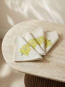 Cirelle Embroidered Mimosa Napkins, Yellow Floral Botanical Table Decor, Hand-Embroidered Washable Cloth Napkin For Spring Dining, Wedding & Tea Party - Multicolor - View 3