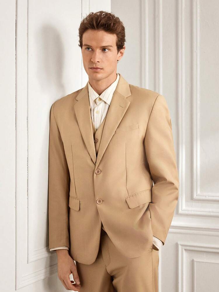 Officeau Bộ vest 3 món in họa tiết tiền giấy cổ điển, dáng ôm (Áo khoác + Áo gile + Quần) dành cho nam (Size XS-3XL) - Rượu sâm banh - Xem 3