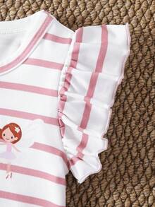 SHEIN 3pcs/Set Colorful Heart Striped Print Ruffle Hem Round Neck T-Shirt, Soft & Comfortable Casual Cute Spring/Summer New Arrival - Pink - View 6