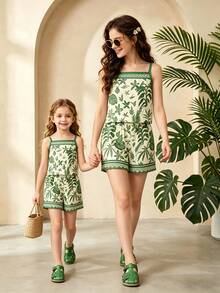 Conjunto de camiseta y shorts de cintura elástica con estampado de plantas tropicales versátil para niña preadolescente, ideal para vacaciones - Blanco - Ver 1
