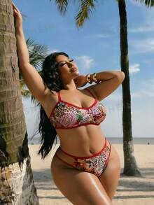 SHEIN Swim SXY 2pcs Plus Size Women Floral Print Spaghetti Strap Triangle Bikini Swimsuit, Sexy Vacation - Multicolor - View 3