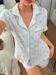 Napfluff 100%纯棉女士睡衣套装，短袖短裤，双层绉纱面料，宽松家居服两件套 - 藍白色 - 查看 6