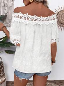 EMERY ROSE 女士纹理面料蕾丝边饰时尚细节衬衫，休闲女式衬衫 - 白色 - 查看 3