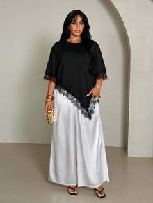 Rustia Plus Size Women Solid Color Lace Patchwork Casual T-Shirt - Black - View 4