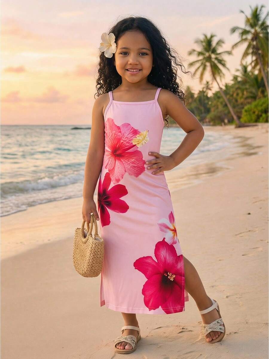 SHEIN 年轻女孩夏季海滩度假修身休闲舒适碎花吊带连衣裙,柔软舒适,波西米亚风,音乐节 - 粉色 - 查看 1