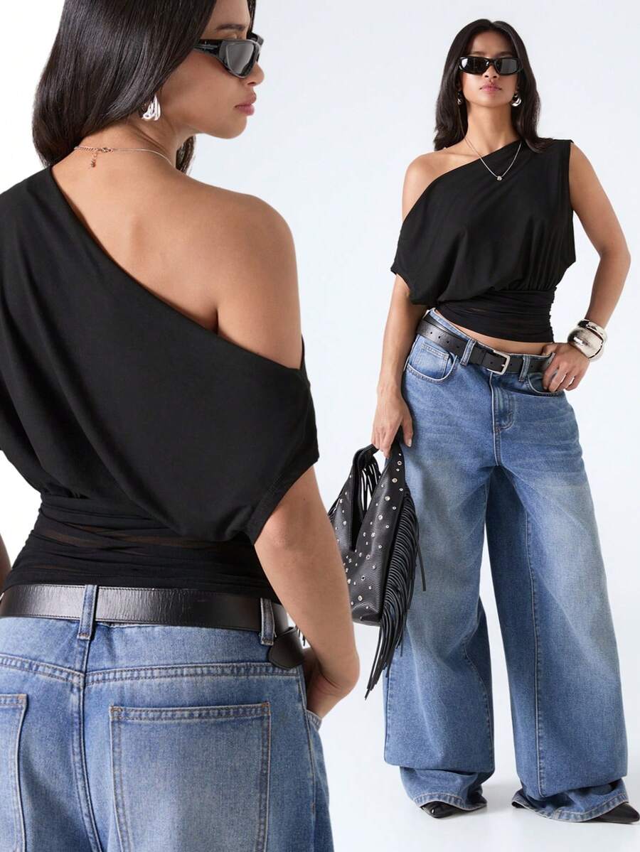LYSMO 2026 New Arrive Minimalism Spring/Summer Women's Solid Color Asymmetric Neck Casual Versatile Daily Wear Top - Navy Blue - View 1