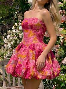 女士玫红色多色提花刺绣抹胸迷你连衣裙，带衬里，时尚派对度假性感迷你连衣裙，女士红色连衣裙 - 玫紅色 - 查看 5