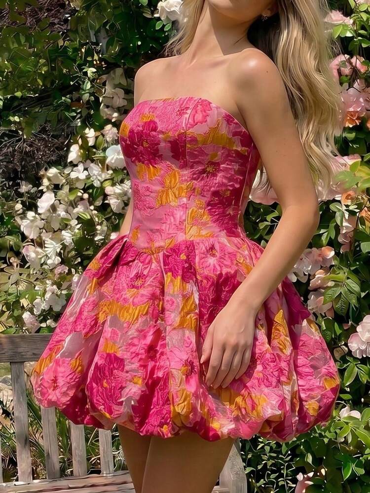 Vestido mini con forro, estampado jacquard bordado multicolor fucsia, vestido mini sexy para fiestas y vacaciones - Rosa Fucsia - Añade 4
