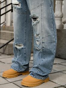 GALLERY FADE 男士街头时尚做旧水洗宽松阔腿牛仔裤 - 淺色水洗藍 - 查看 4