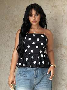 Rustia Top elegante y vintage con volantes en el bajo, con estampado de lunares negros, ajustado y sin tirantes, para fiestas y vacaciones, para mujeres de talla grande - Blanco y Negro - Ver 3