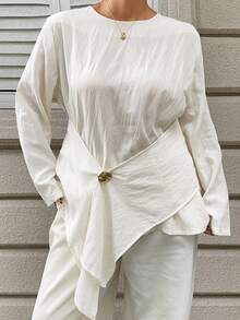 Dazy Plus Textured Waist-Cinching Elegant Commuter Gold Decor Long Sleeve White Blouse, Plus Size, Spring/Summer Resort Style - White - View 5