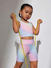 SHEIN Young Girl' Knitted Leopard Print Crop Top And Shorts 2 Pieces Sportswear Cute Set Gym Pink And Yellow Summer - Multicolor - View 2