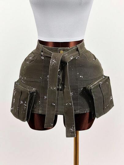 SHEIN Chân váy denim thời trang có túi khóa kéo dành cho nữ