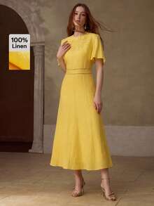 MOTF PREMIUM WOMEN'S SHORT SLEEVE ROUND NECK EMBROIDERED 100% LINEN MIDI DRESS, CASUAL & DATE WEAR, SPRING/SUMMER - Yellow - View 2