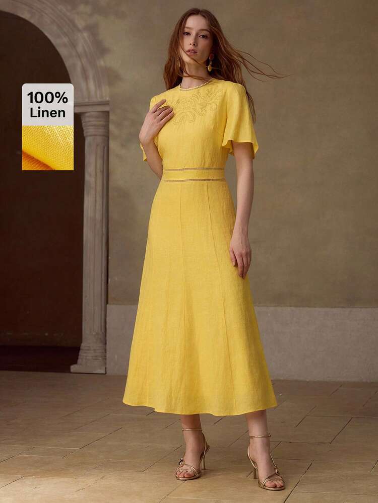 WOMEN'S SHORT SLEEVE ROUND NECK EMBROIDERED 100% LINEN MIDI DRESS, CASUAL & DATE WEAR, SPRING/SUMMER