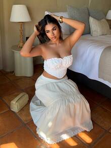 女士长款撞色蕾丝喇叭裙 - 杏色 - 查看 3