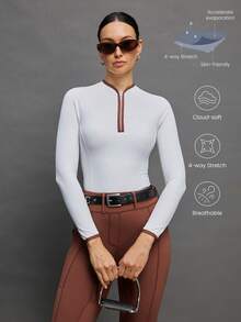 Activina 女士极简撞色饰边拉链半袖长袖马术上衣 - 白色 - 查看 1