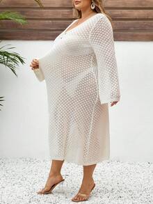 SHEIN CURVE+ 大码女式纯色钩针镂空度假连衣裙 - 白色 - 查看 3
