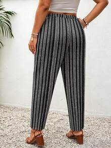 SHEIN Frenchy Plus Size Striped Floral Pattern Tie-Front Casual Pants With Pockets - Multicolor - View 2