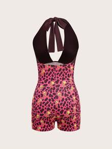 Slaydiva LOONEY TUNES X SHEIN Women's Casual Cartoon Collab Leopard Print Contrast Color Sexy Ruched Backless Halter Romper, Suitable For Summer - Multicolor - View 3