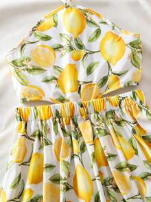 Tween Girl Lemon Print Side Slit Halter Vacation Dress - Yellow - View 5