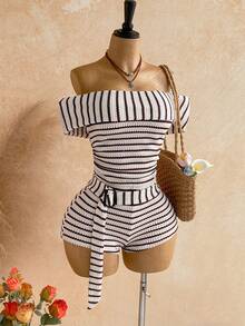 Soleia 露肩条纹连体裤，适合度假、音乐节、波西米亚风格 - 彩色 - 查看 4