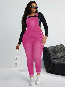 SHEIN SXY Plus Size Women Pocket Distressed Skinny Casual Bib Overall Jumpsuit - Pink - View 6