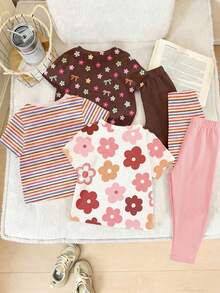 Set de 3 piezas de camiseta y leggings de primavera y verano con estampado floral y de rayas, de moda, cómodo y elegante para niñas, adecuado para uso casual al aire libre y de vacaciones - Multicolor - Ver 2