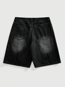 ROMWE MEN 男士夏季休闲时尚街头日常通勤闪亮钻石十字刺绣水洗牛仔短裤 - 黑色 - 查看 3